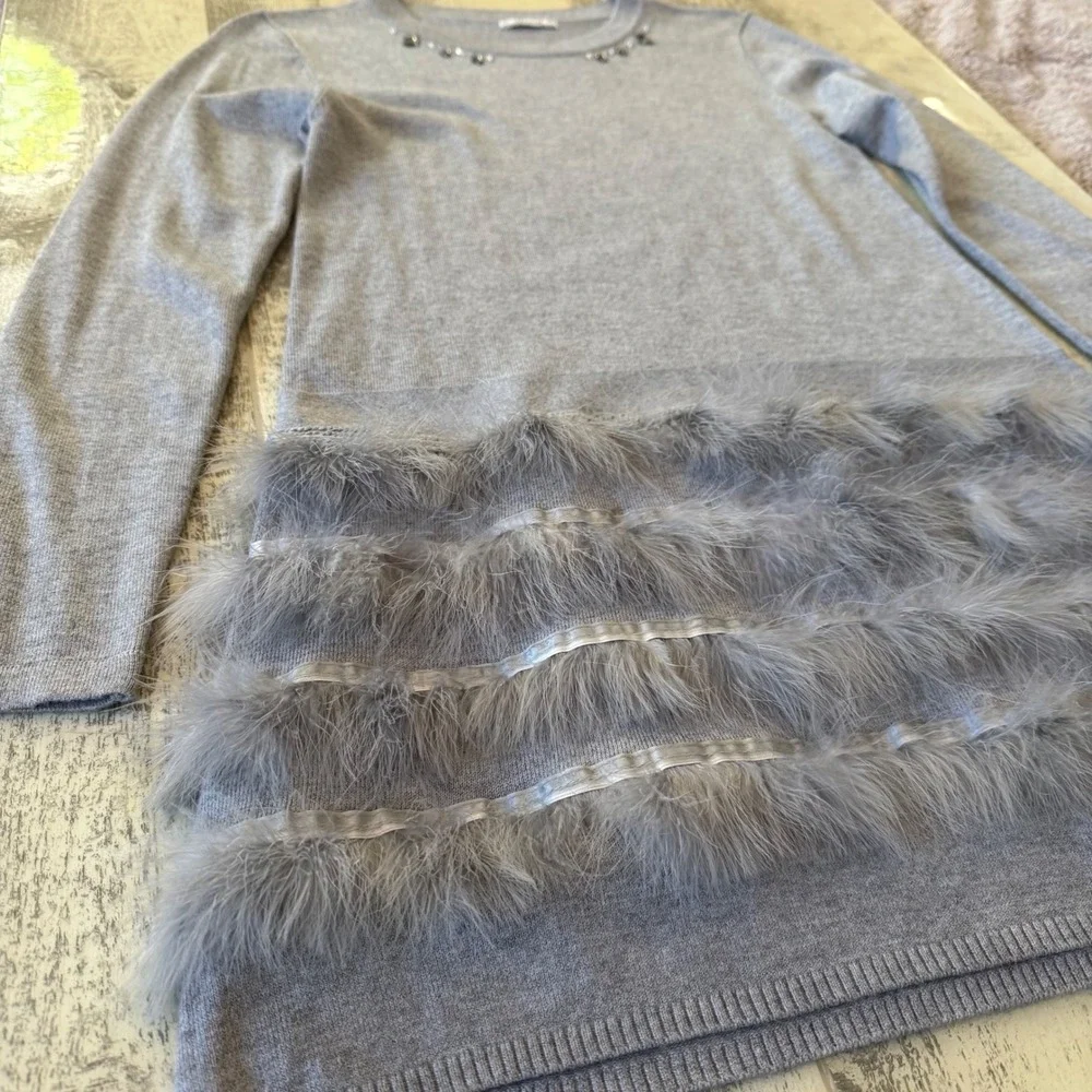 MAYORAL Gray Embellished Knit Tunic Sweater Feather Trim Girls Size 12/14 Formal